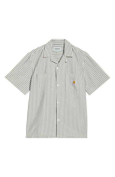 Leavel Stripe Seersucker Cotton Blend Button-Up Bowling Shirt