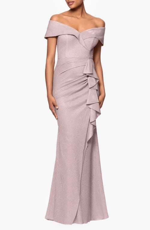 Xscape Evenings Ruffle Off The Shoulder Foil Knit Trumpet Gown