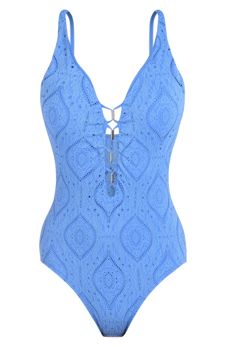 La Blanca Mantra Plunge One-Piece Swimsuit, Alternate, color, Chambray