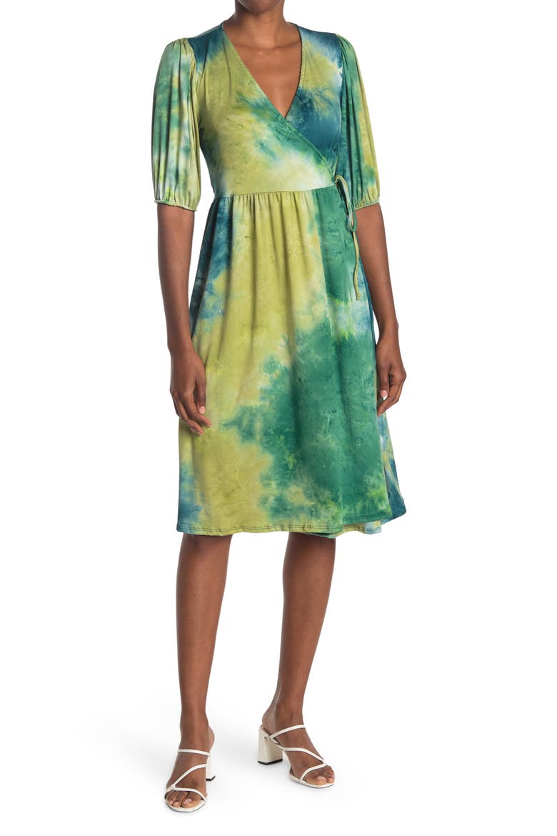 Tie-Dye Puff Sleeve Wrap Dress, Main, color, TYE DYE