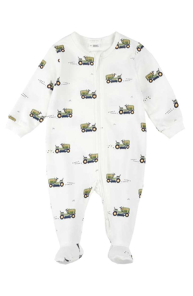 FIRSTS by Petit Lem Lawnmower Print Cotton One-Piece Footed Pajamas, Main, color, Off White