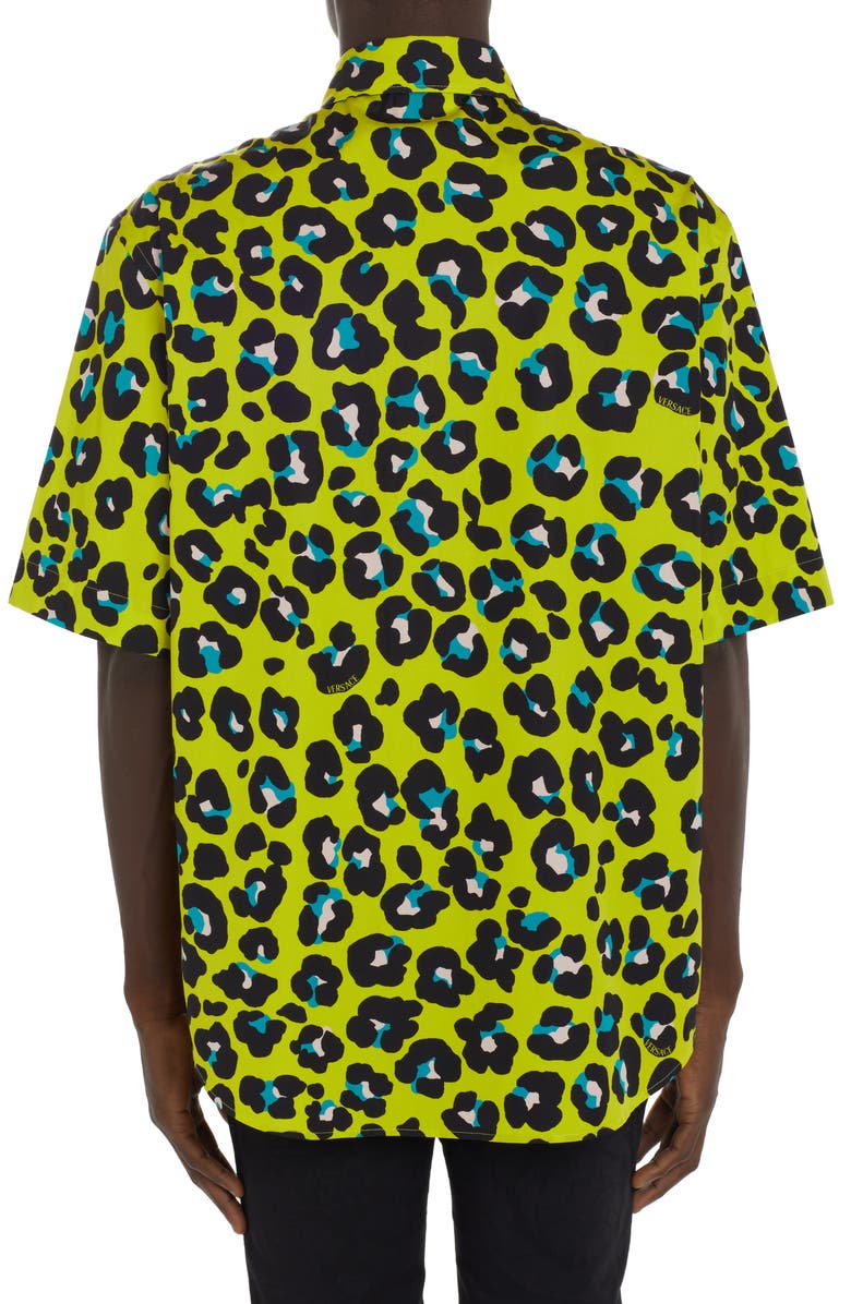 Versace Leopard Print Short Sleeve Cotton Button-Up Shirt, Alternate, color,