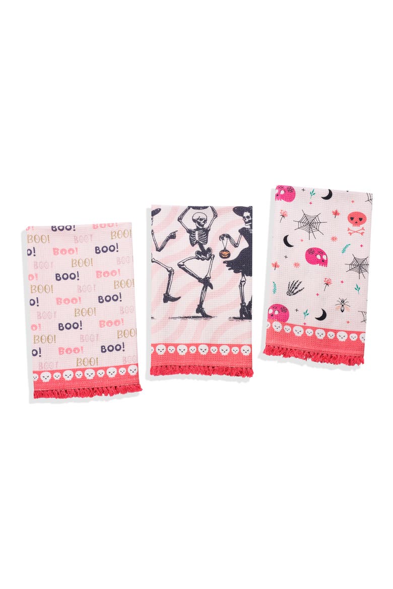 Set of Three The Danse Macabre Halloween Kitchen Towels, Main, color, HOT PINK/ BLACK / CORAL