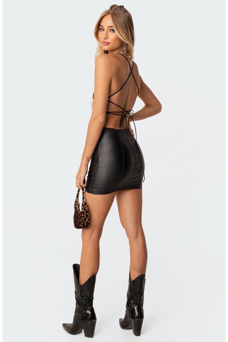 Dani Open Back Faux Leather Minidress, Alternate, color, BLACK