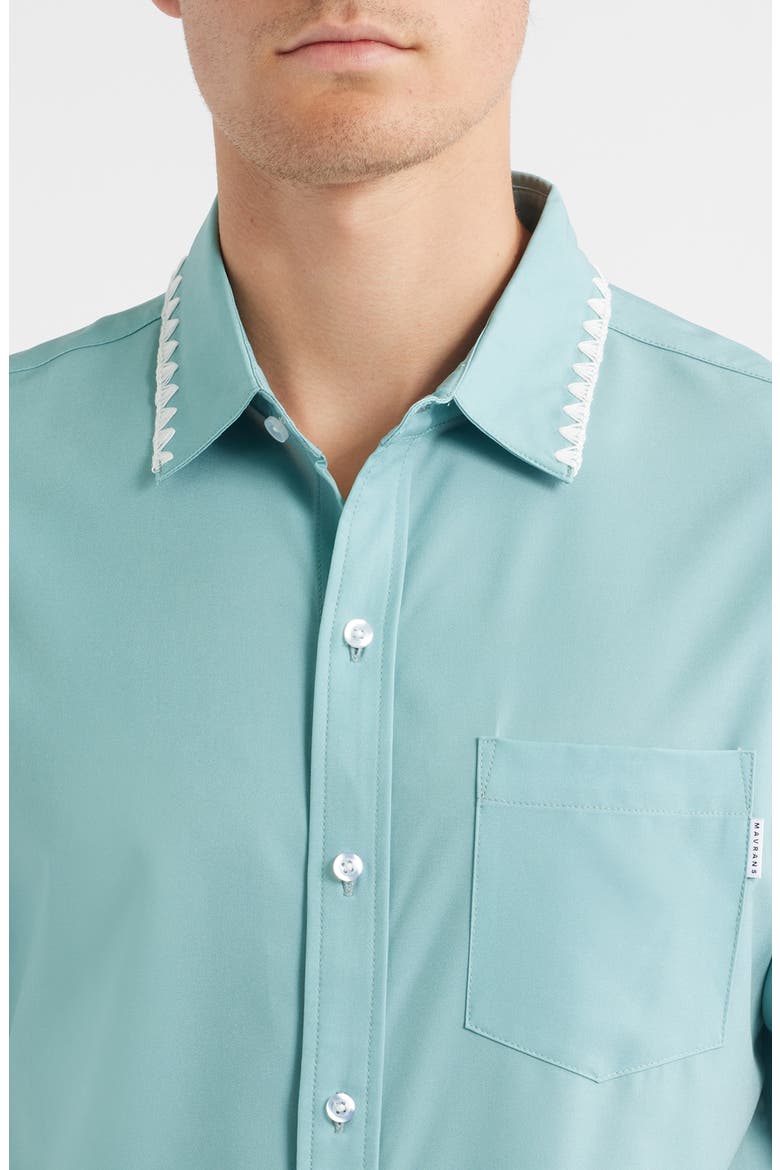 Crochet Trim Short Sleeve Performance Button-Up Shirt, Alternate, color, BLUE