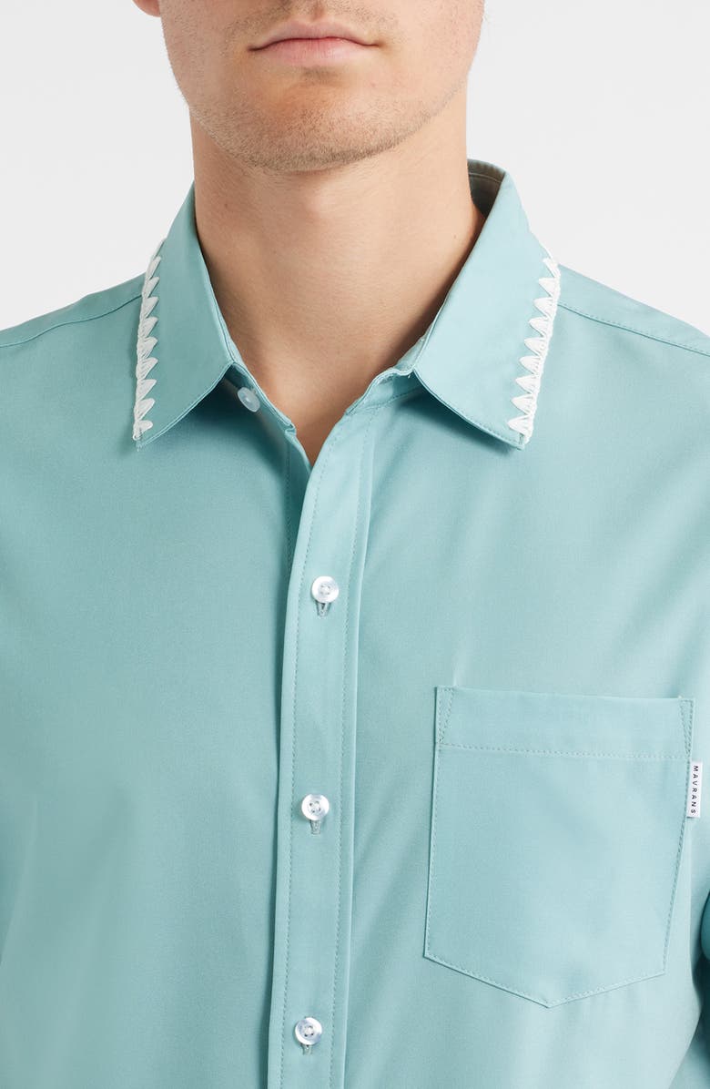 MAVRANS Crochet Trim Short Sleeve Performance Button-Up Shirt, Alternate, color, Blue