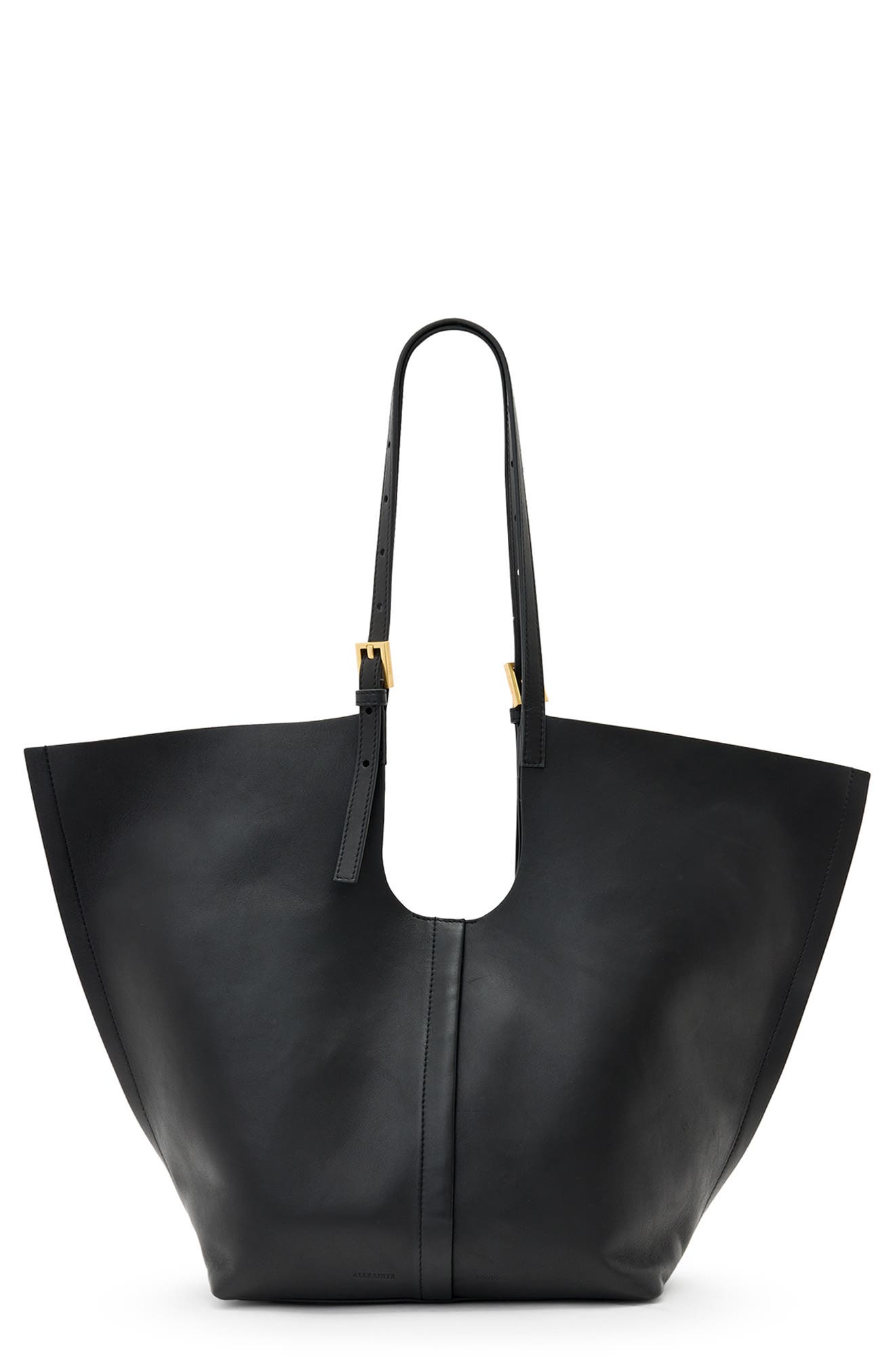 AllSaints Ara East West Leather Tote, Main, color, Black