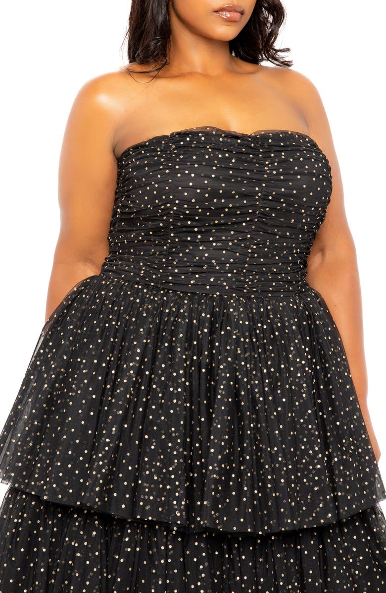 BUXOM COUTURE Metallic Polka Dot Strapless Tiered Tulle Dress, Alternate, color, Black