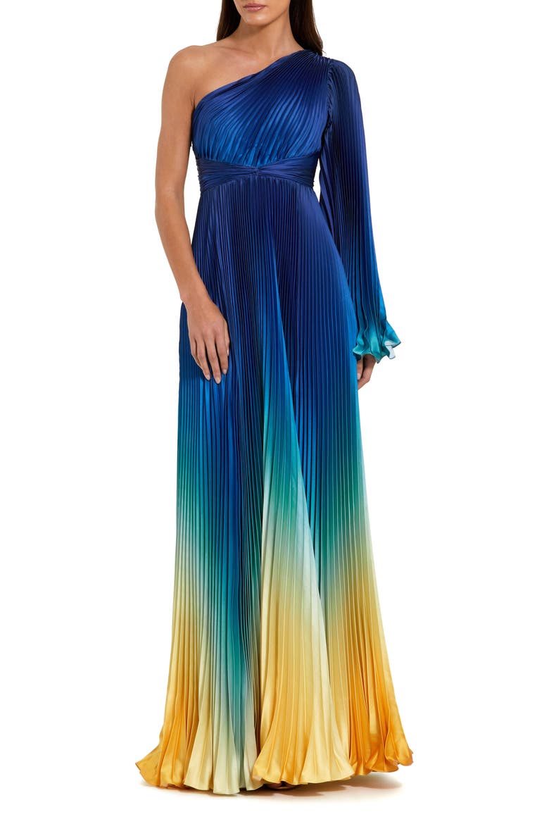 Petite Pleated Charmeuse One-Shoulder Ombre Gown with Flared Sleeve, Main, color, Blue Ombre