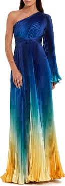 Mac Duggal Petite Pleated Charmeuse One-Shoulder Ombre Gown with Flared Sleeve