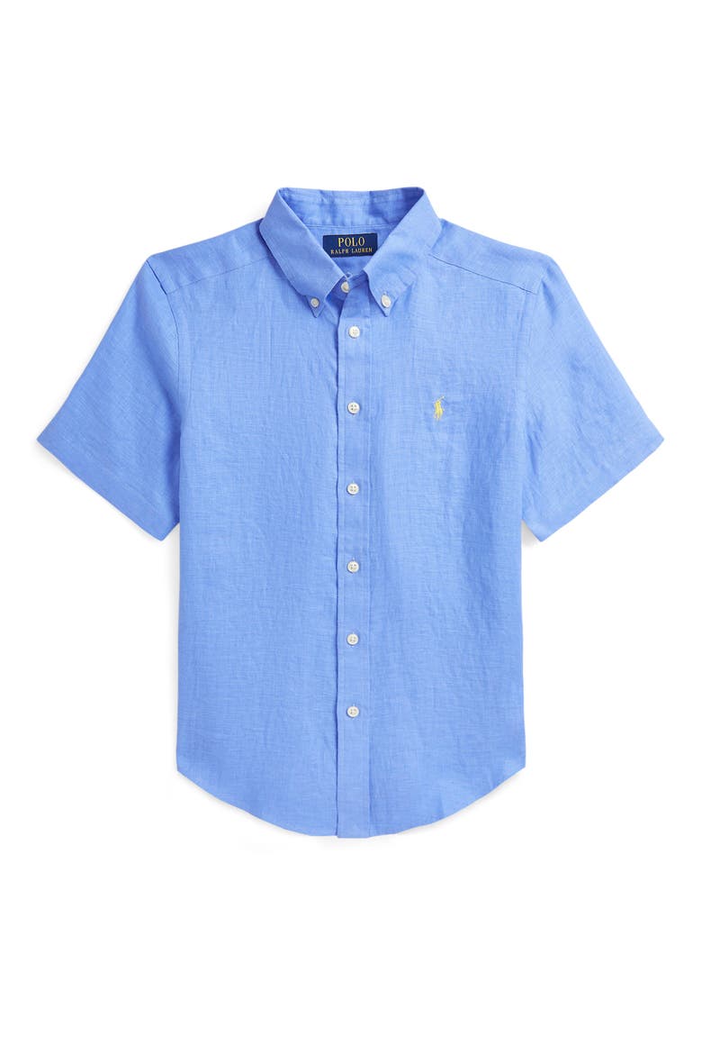 Kids' Short Sleeve Linen Button-Down Shirt, Main, color, HARBOR ISLAND BLUE