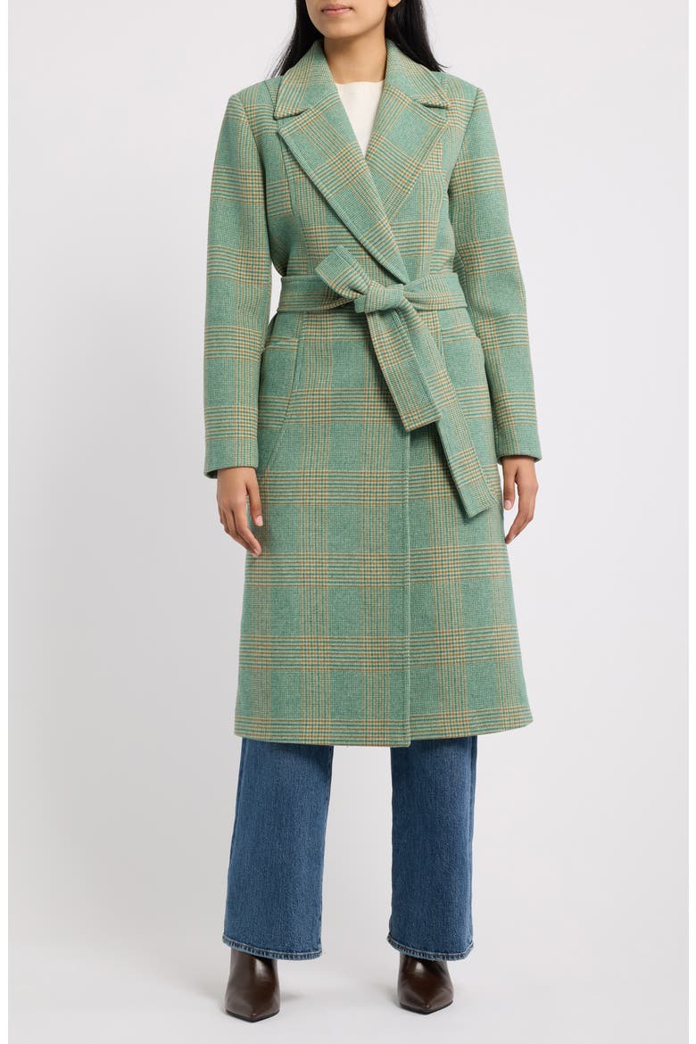 Belted Wool Blend Longline Coat, Main, color, GREENPLAID