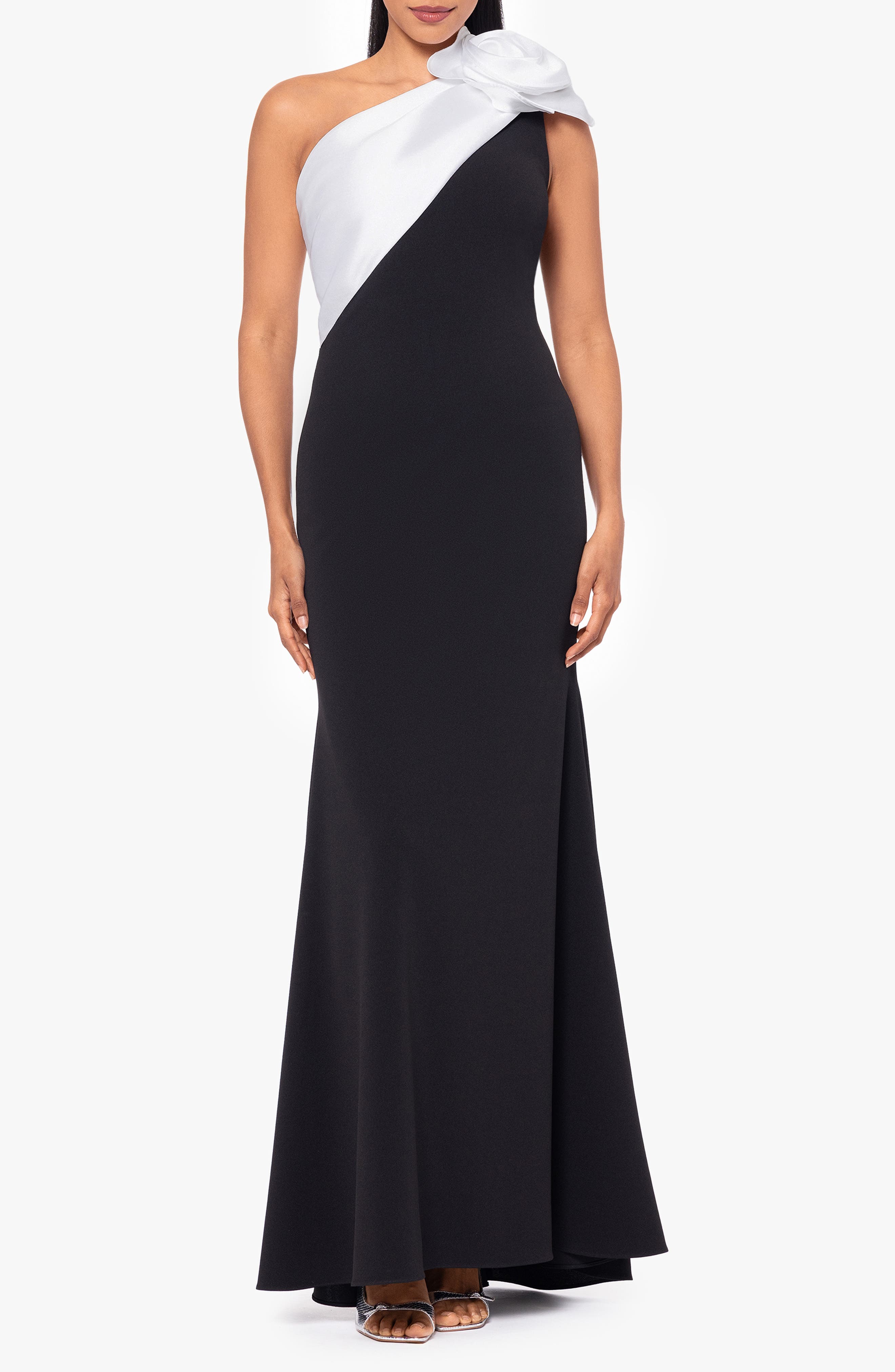 Betsy & Adam Rosette One-Shoulder Crepe Trumpet Gown in Black/Black 