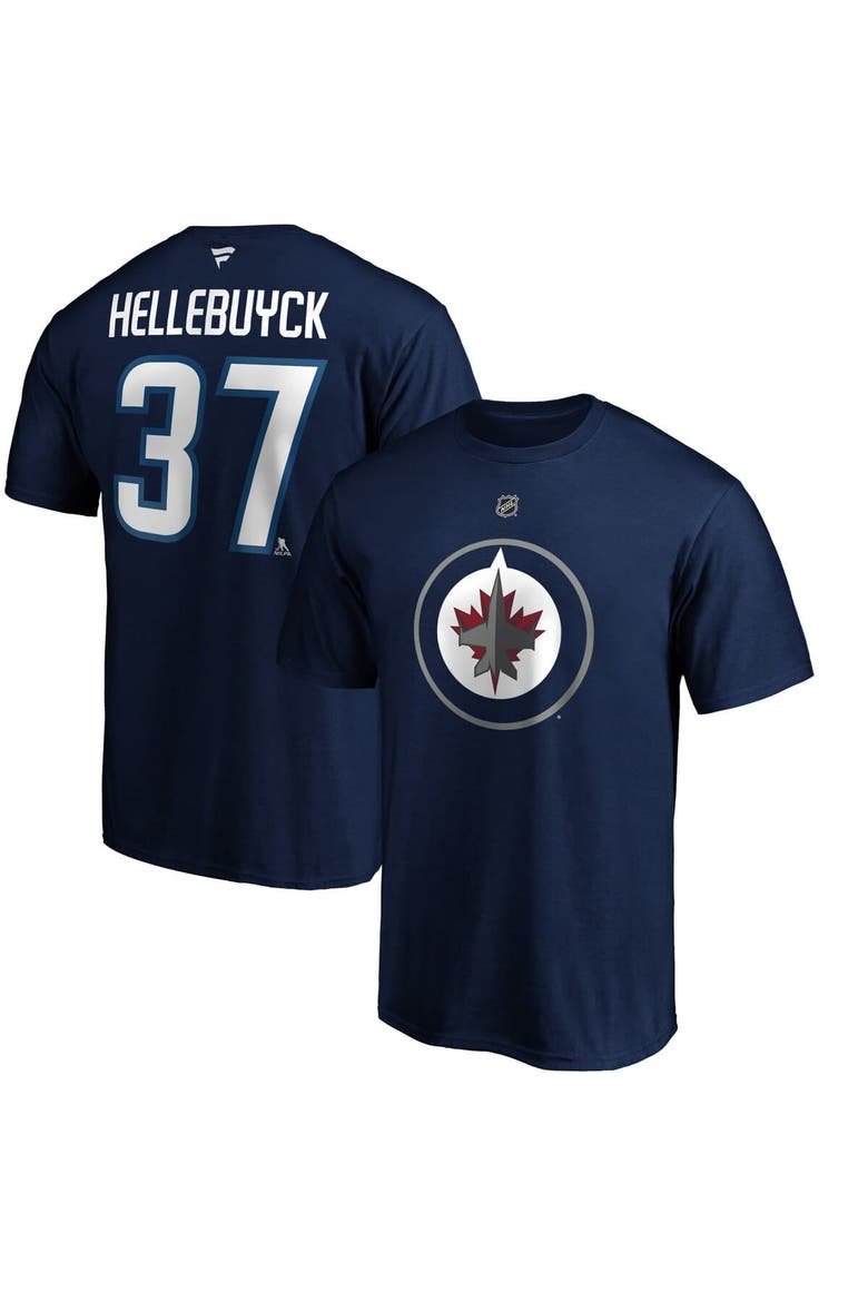 Men's Fanatics Connor Hellebuyck Navy Winnipeg Jets Authentic Stack Name & Number T-Shirt, Alternate, color, Navy