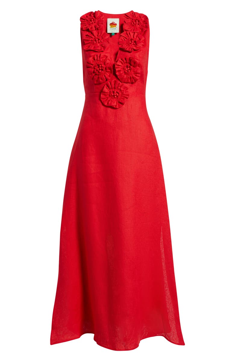 FARM Rio Floral Appliqué Linen Midi Dress, Alternate, color, Red