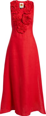 FARM Rio Floral Appliqué Linen Midi Dress