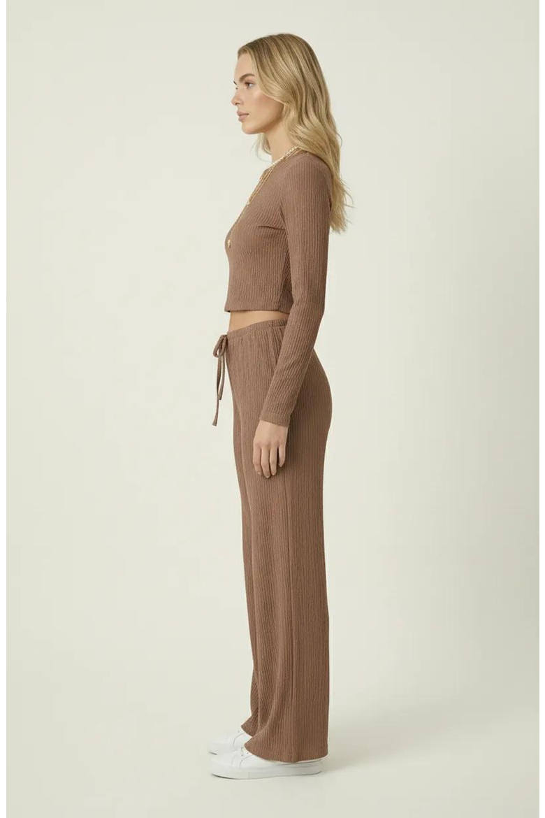 Ribbed Long Sleeve Crop Top and Wide Leg Lounge Pants Set with Drawstring, Alternate, color, Brown