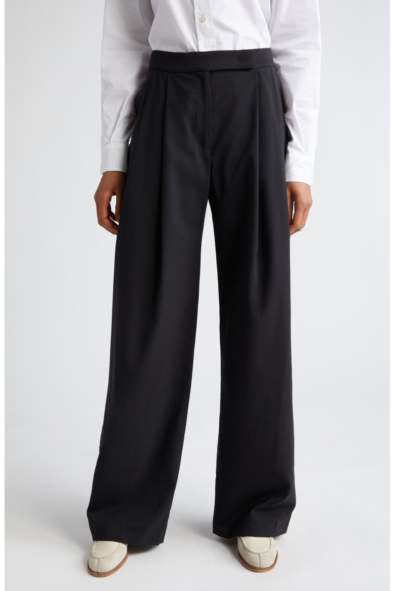Pleated Virgin Wool Blend Wide Leg Trousers, Main, color, BLACK