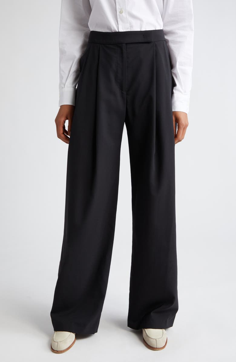 Eleventy Pleated Virgin Wool Blend Wide Leg Trousers, Main, color, Black