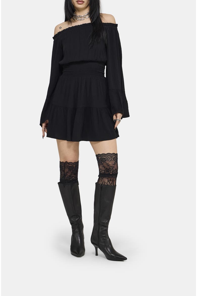 Amarantha Crinkle Bardot Mini Dress, Main, color, Black