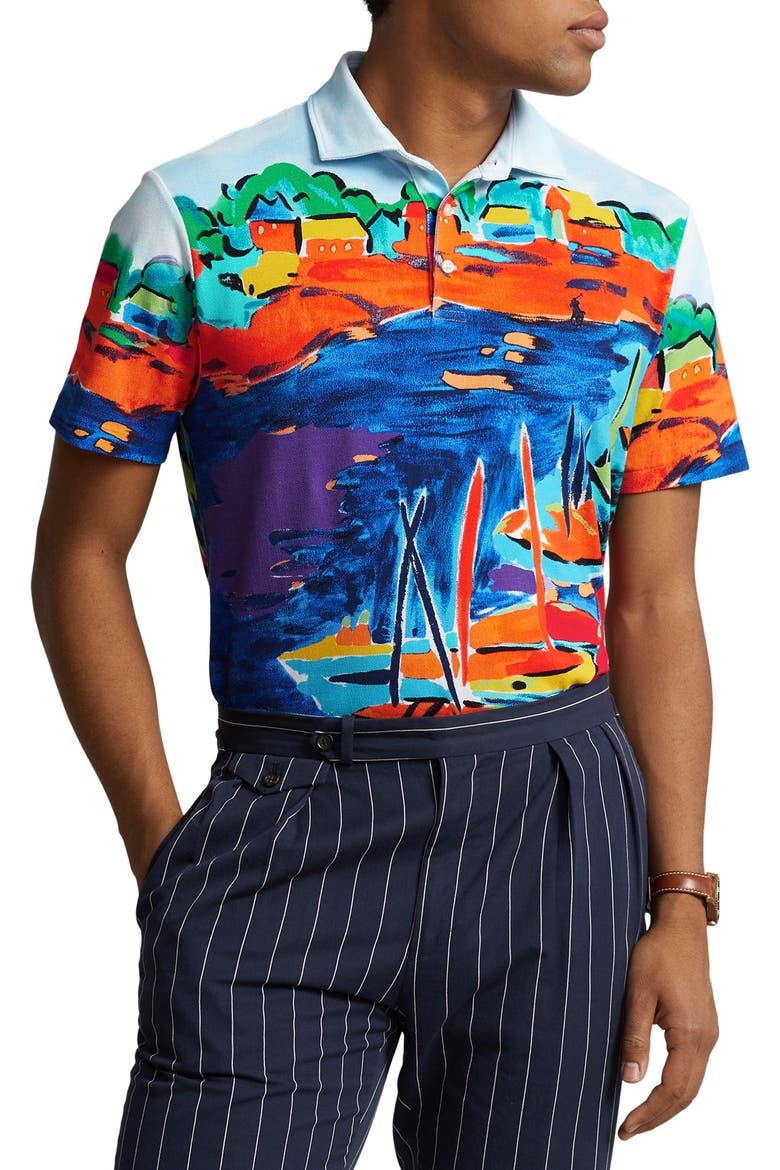 Classic Fit Print Mesh Polo, Main, color, VISTA SAIL