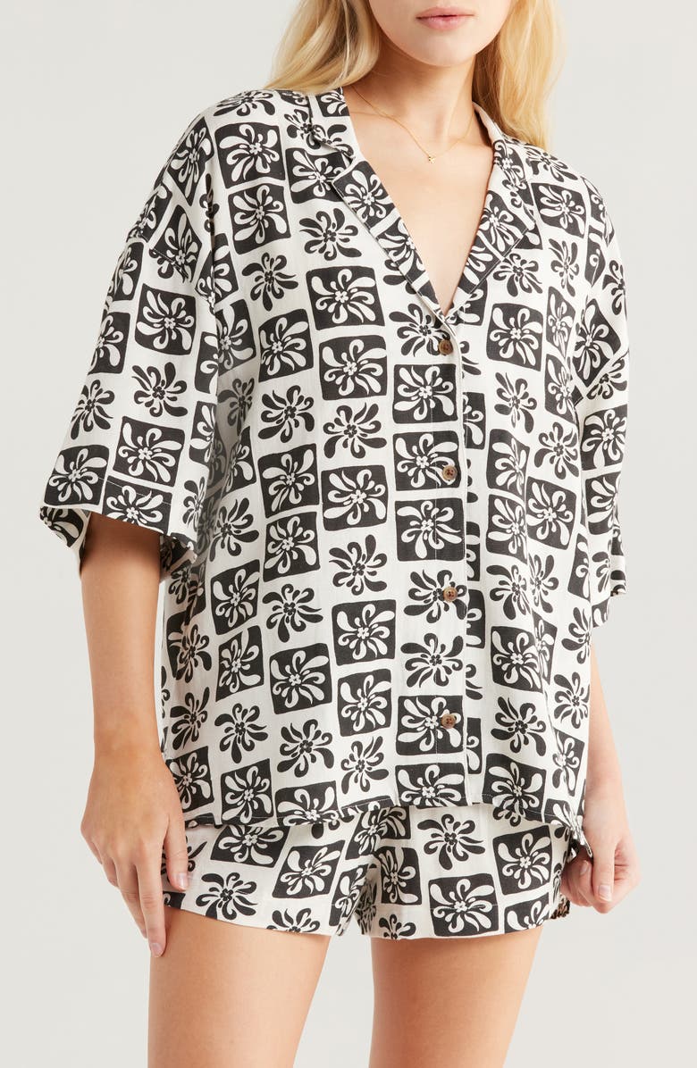 Billabong Beach Side Print Oversize Camp Shirt, Alternate, color, Black Sand
