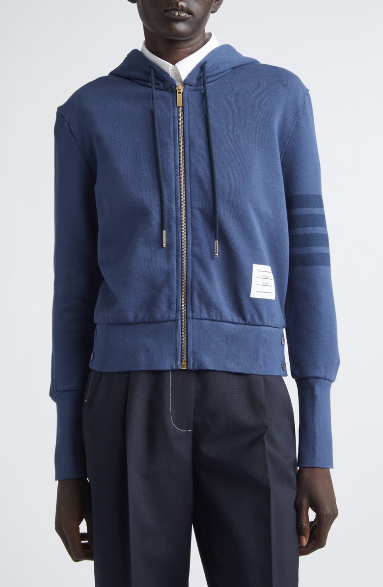 Thom Browne 4-Bar French Terry Full Zip Hoodie, Main, color, Navy