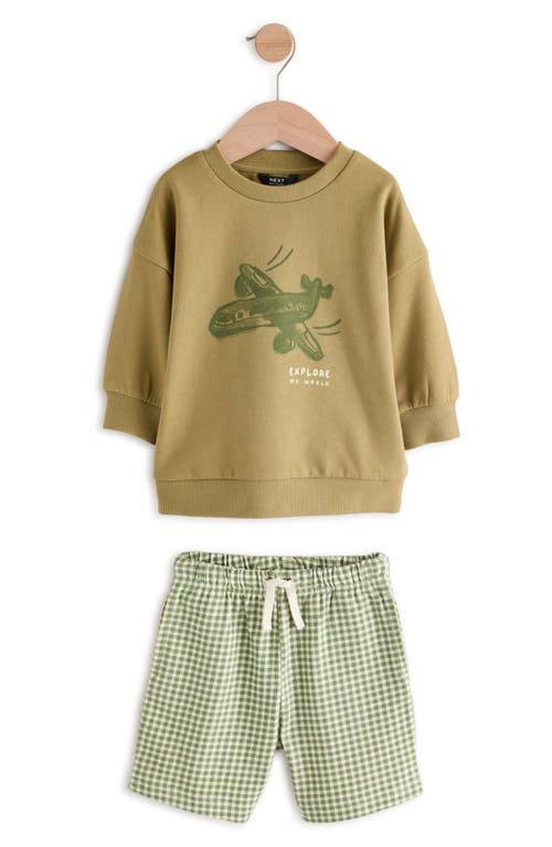 Next Kids' Graphic Cotton Sweatshirt & Gingham Shorts Set In Green
