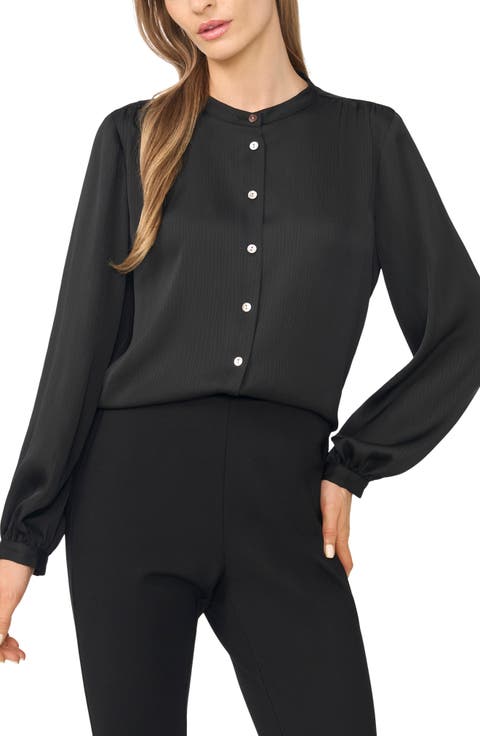 Shirred Long Sleeve Band Collar Shirt