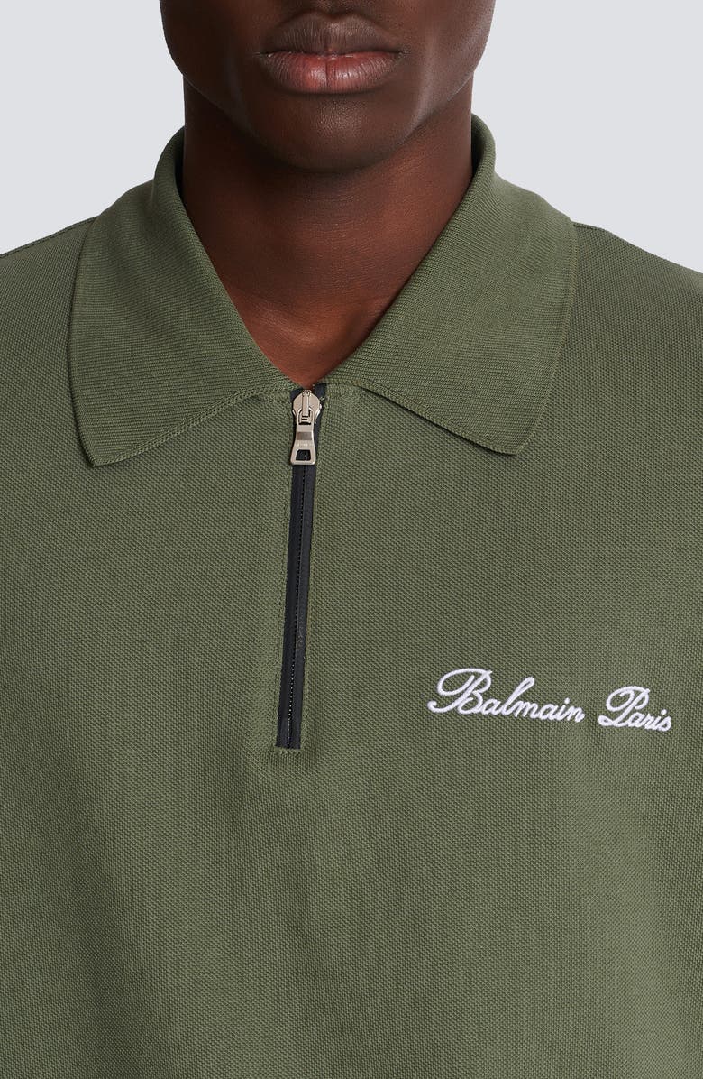 Balmain Signature Embroidered Cotton Piqué Zip Polo, Alternate, color, 