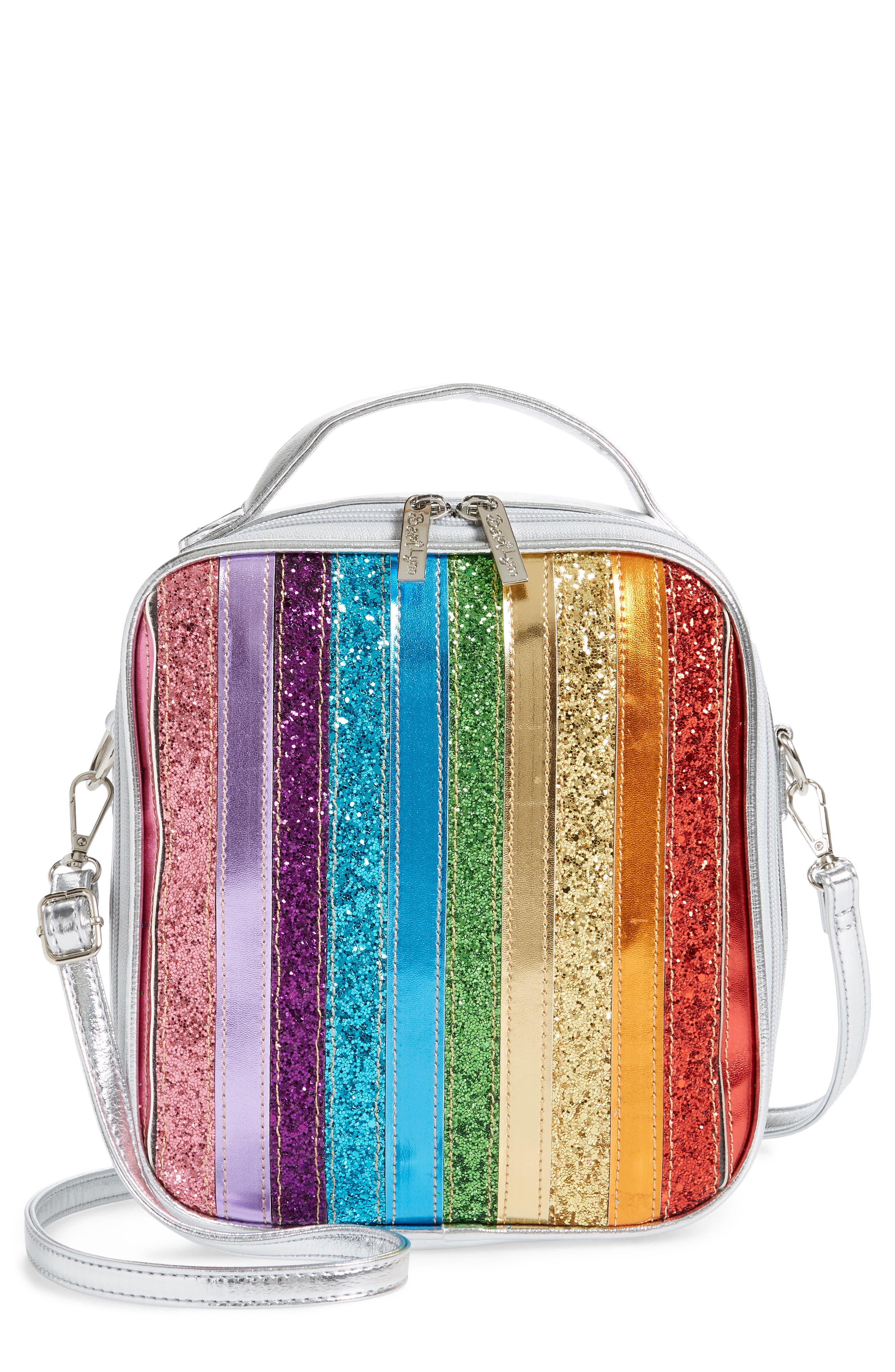 Bari Lynn Glitter Rainbow Stripe Lunchbox, Main, color, 