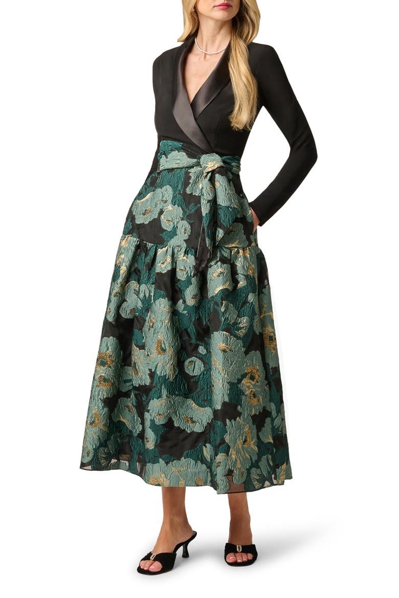 Long Sleeve Floral Jacquard Gown, Alternate, color, BLACK/ EMERALD