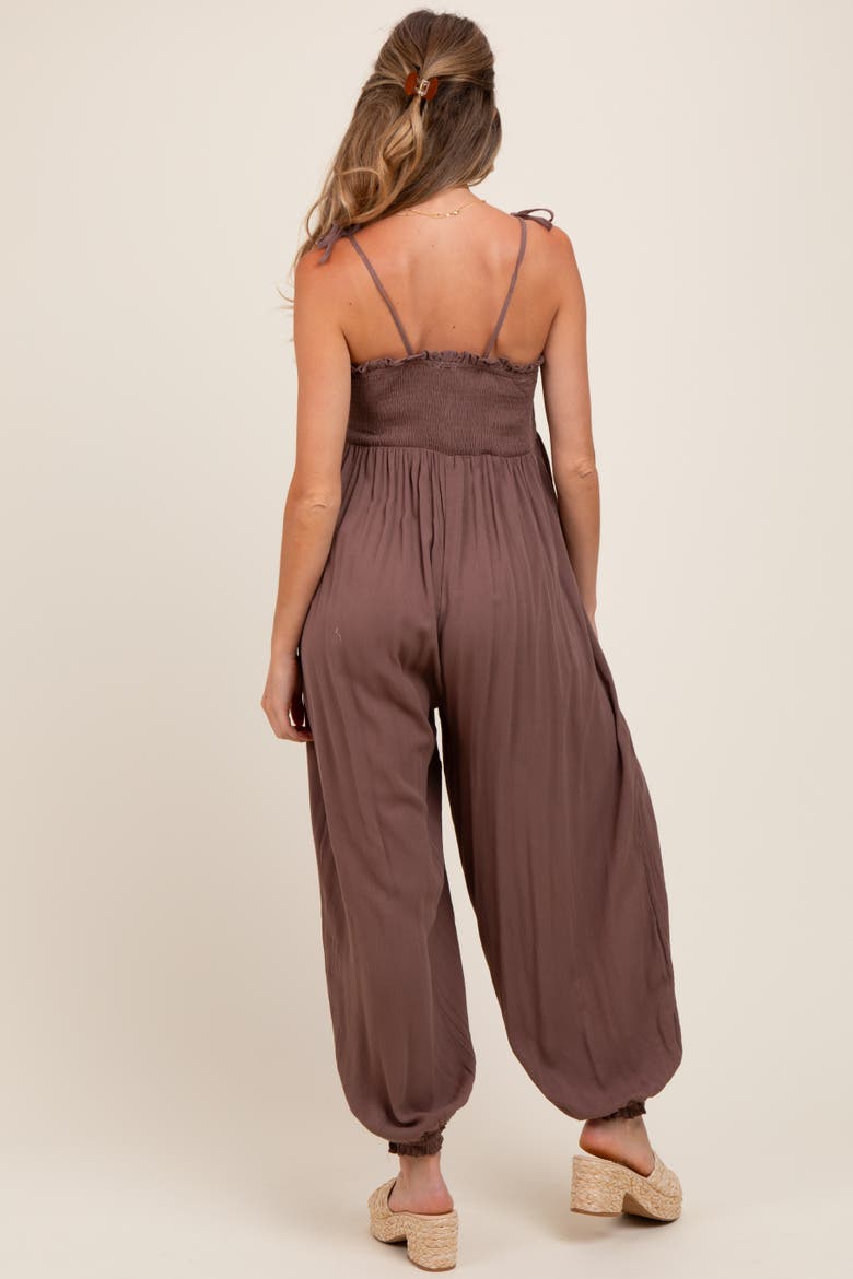 Smocked Button Front Shoulder Tie Jumpsuit, Alternate, color, Mocha