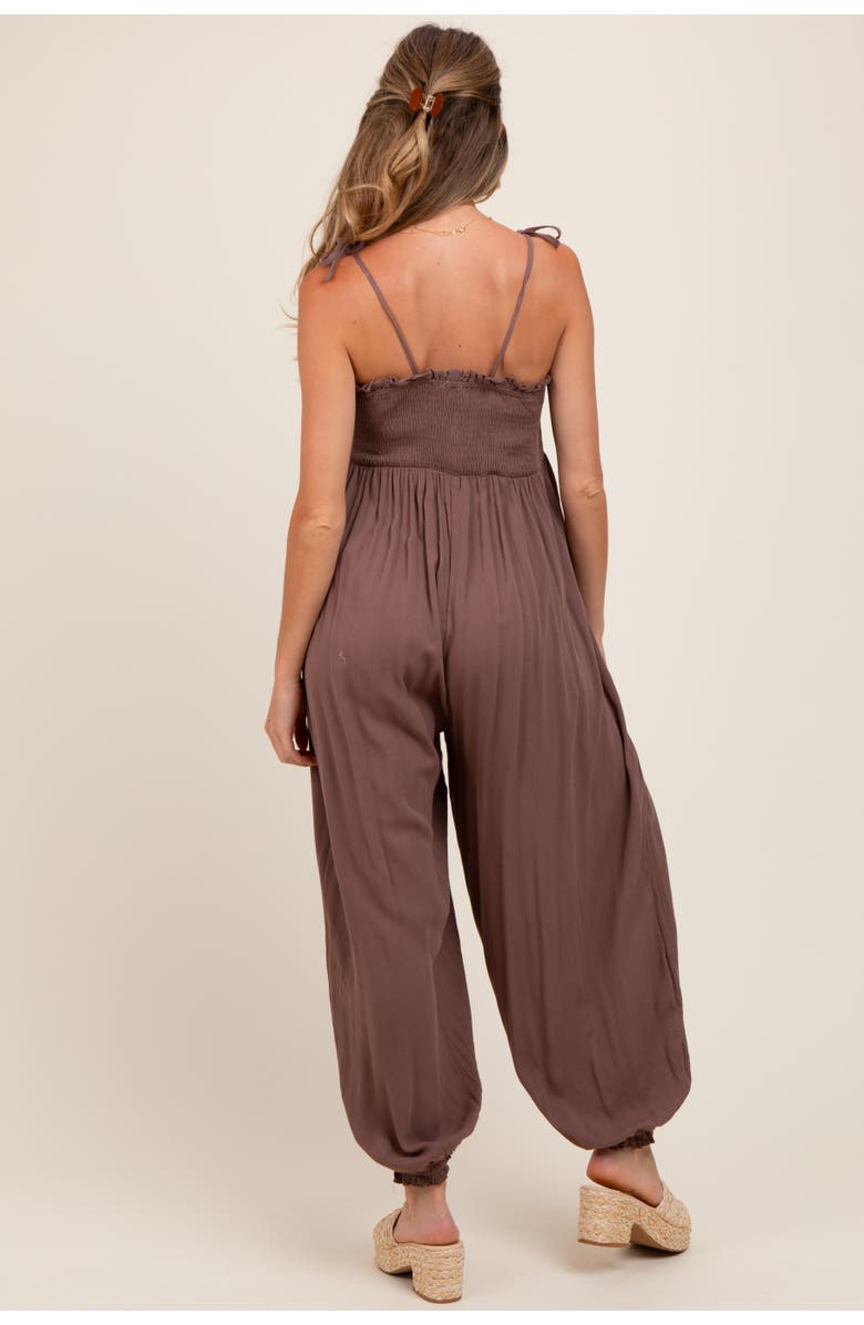 PinkBlush Smocked Button Front Shoulder Tie Jumpsuit, Alternate, color, Mocha