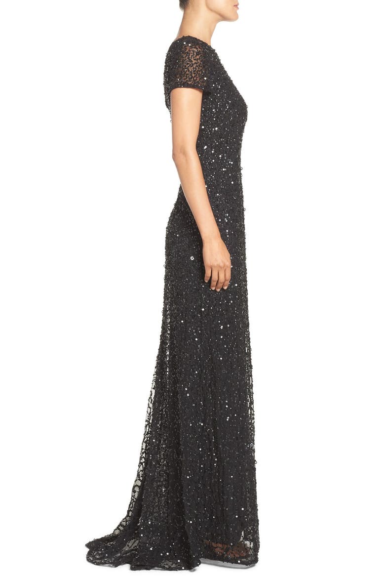 Short Sleeve Sequin Mesh Gown, Alternate, color, BLACK