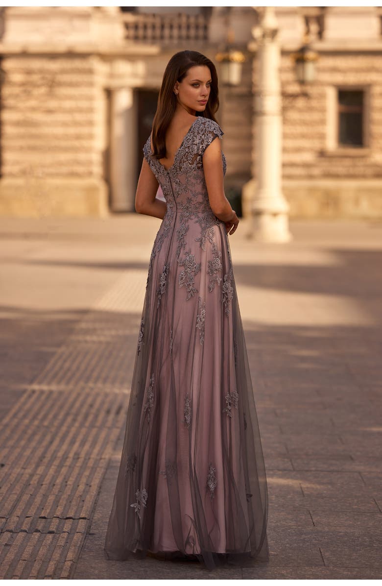 La Femme Tulle Evening Gown with Embroidery and Cap Sleeves, Alternate, color, Pink/Gray