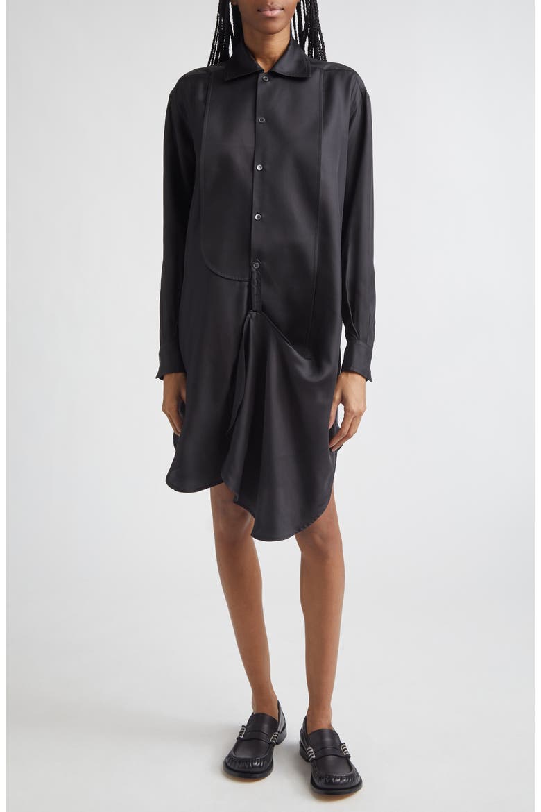Draped Long Sleeve Silk Tuxedo Shirtdress, Main, color, BLACK