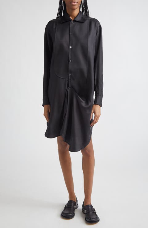 Draped Long Sleeve Silk Tuxedo Shirtdress