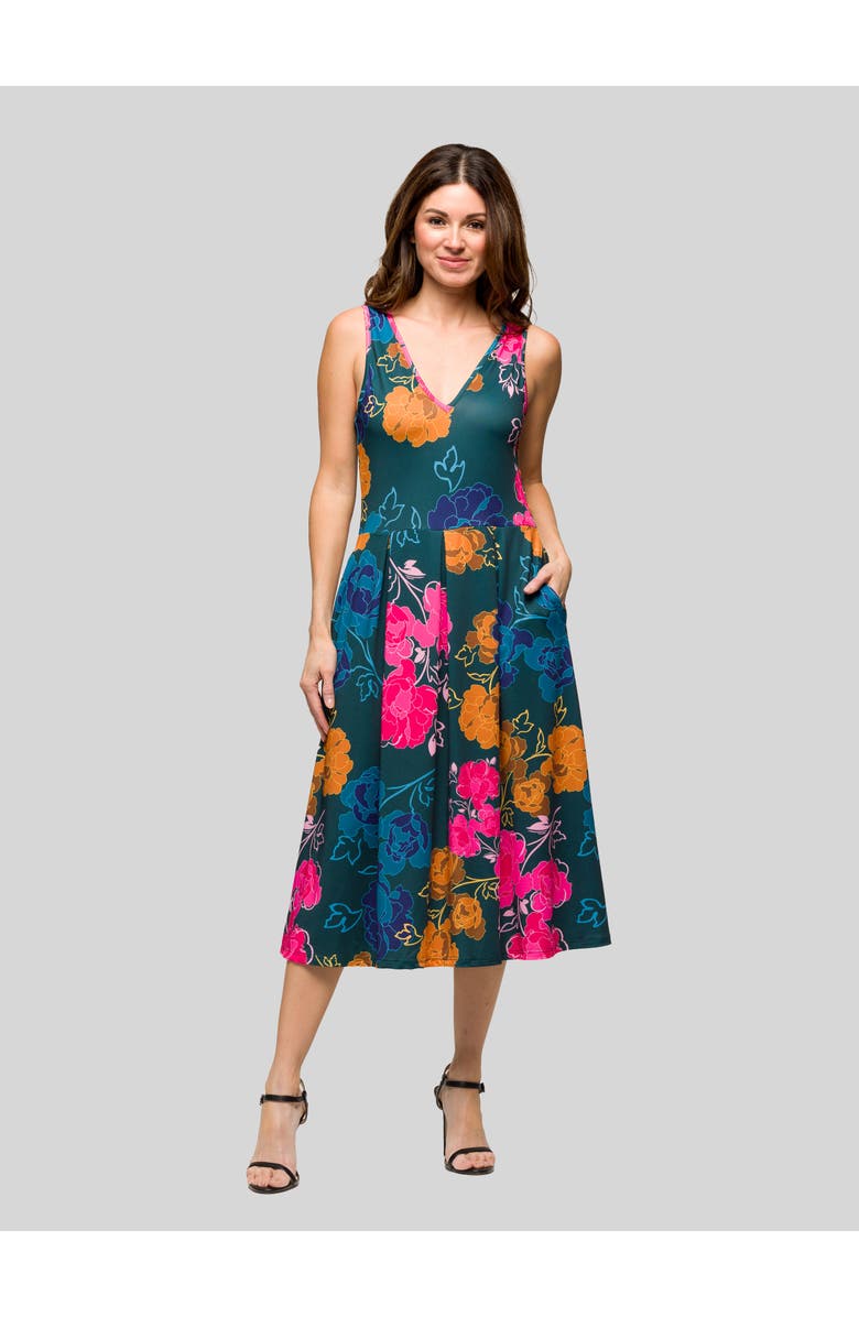 24seven Comfort Apparel Midi Length Floral Print Sleeveless Pleated Pocket Dress, Main, color, Green Multi