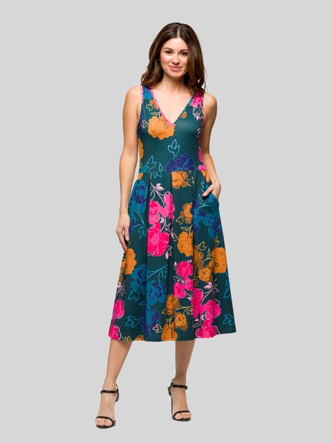 Midi Length Floral Print Sleeveless Pleated Pocket Dress
