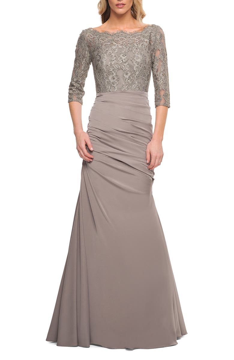 La Femme Sparkle Lace Trumpet Gown, Main, color,