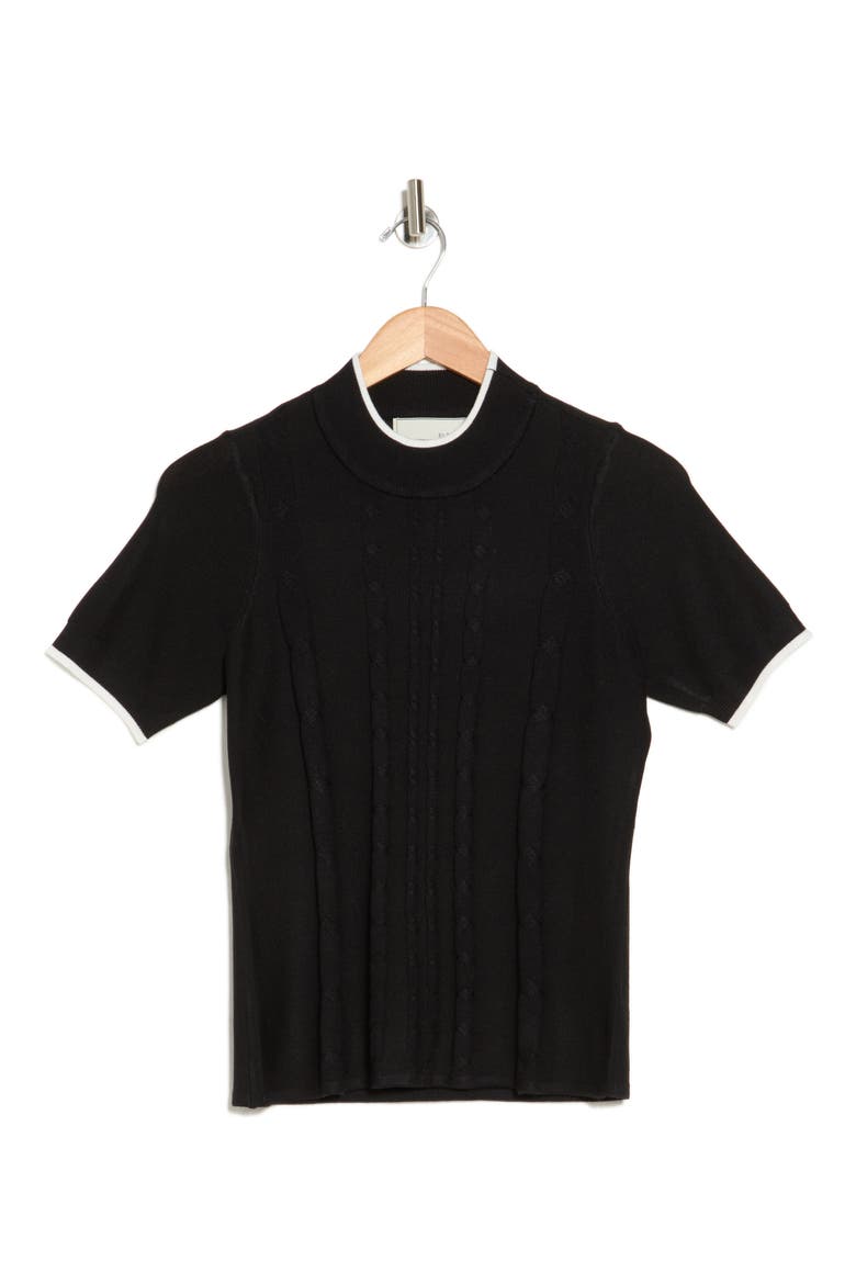 Romy Mock Neck Short Sleeve Cable Knit Sweater, Alternate, color, BLACK/ GARDENIA