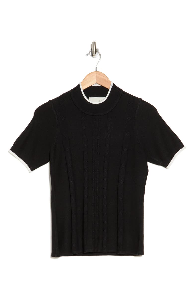 BY DESIGN Romy Mock Neck Short Sleeve Cable Knit Sweater, Alternate, color, Black/ Gardenia