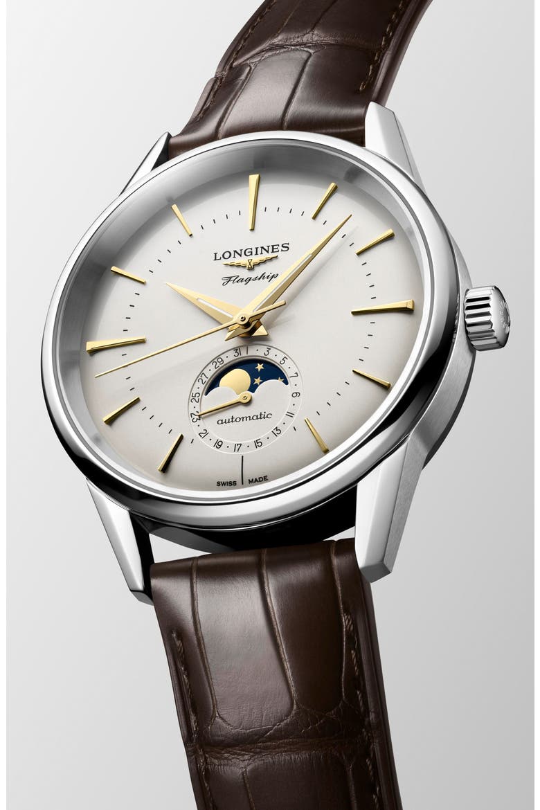 Flagship Heritage Moonphase Automatic Alligator Embossed Leather Strap Watch, 38.5mm, Alternate, color, BEIGE