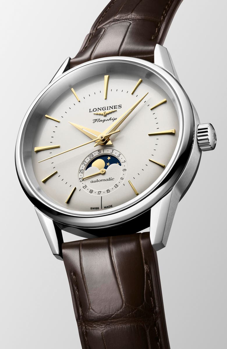 Longines Flagship Heritage Moonphase Automatic Alligator Embossed Leather Strap Watch, 38.5mm, Alternate, color,