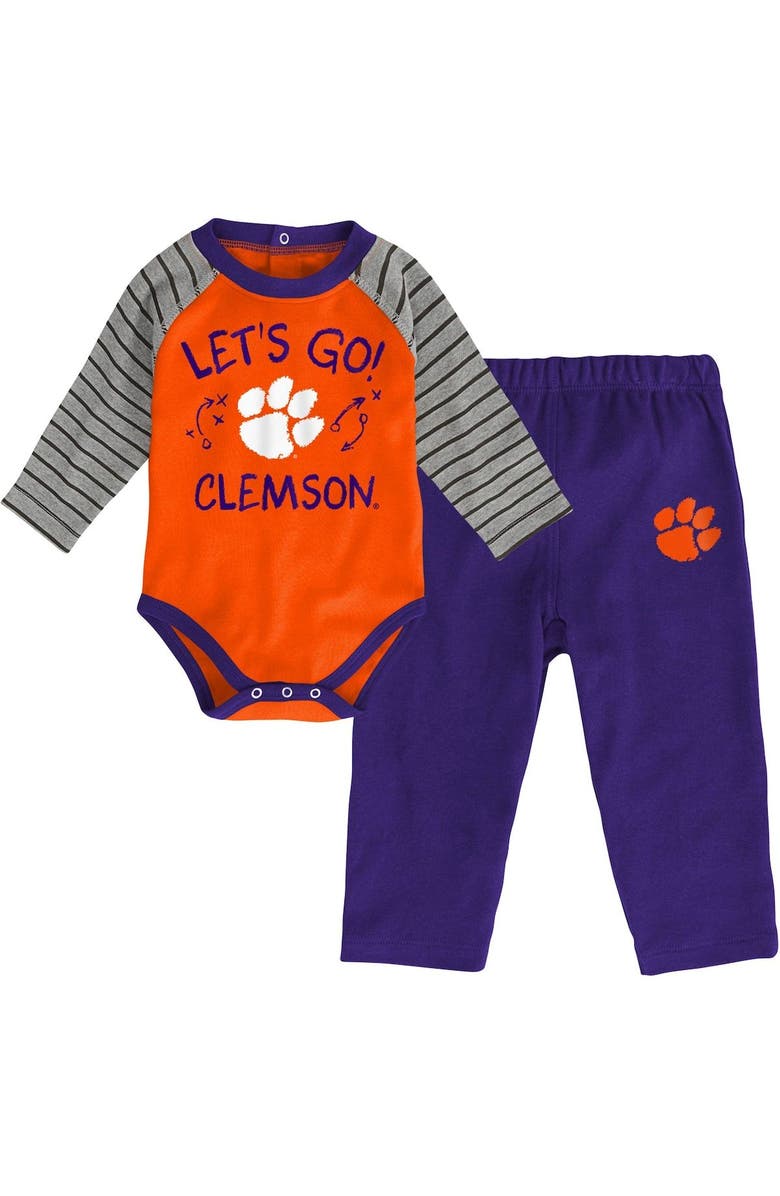 GENUINE STUFF Infant Orange/Purple Clemson Tigers Touchdown 2.0 Raglan Long Sleeve Bodysuit & Pants Set, Alternate, color,