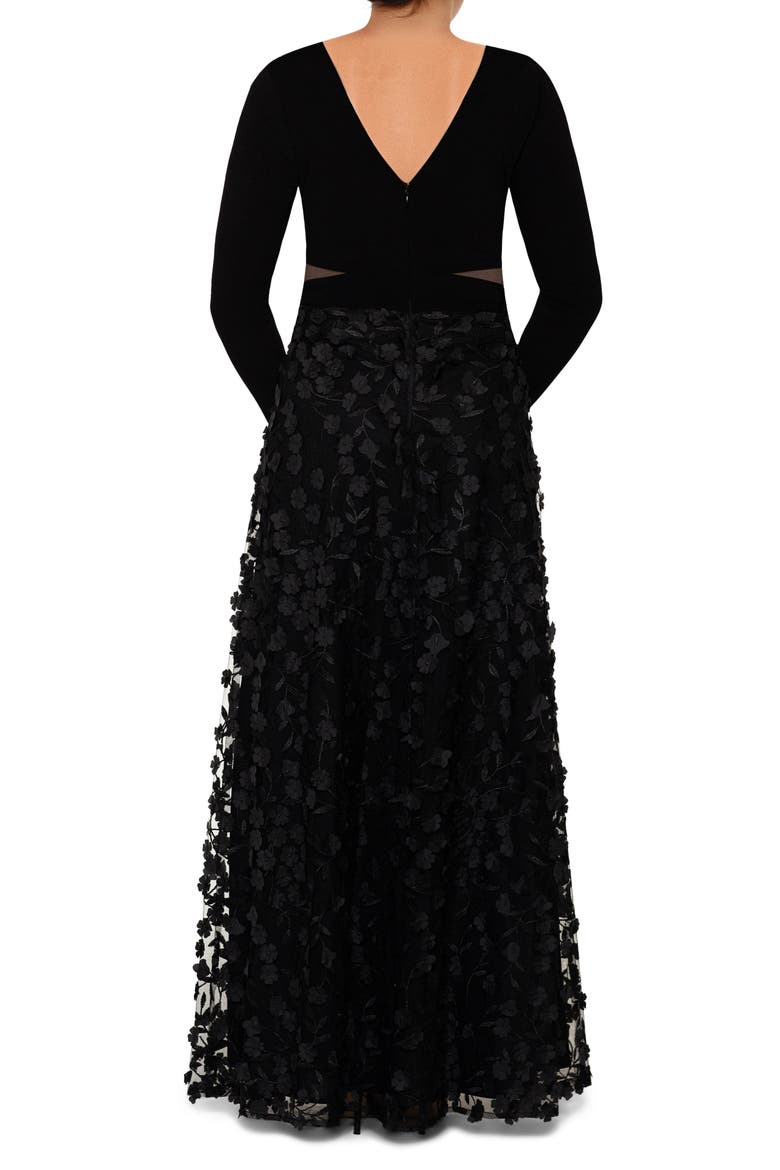 Xscape 3D Floral & Mesh Cutout Long Sleeve Gown, Alternate, color, BLACK/ BLACK