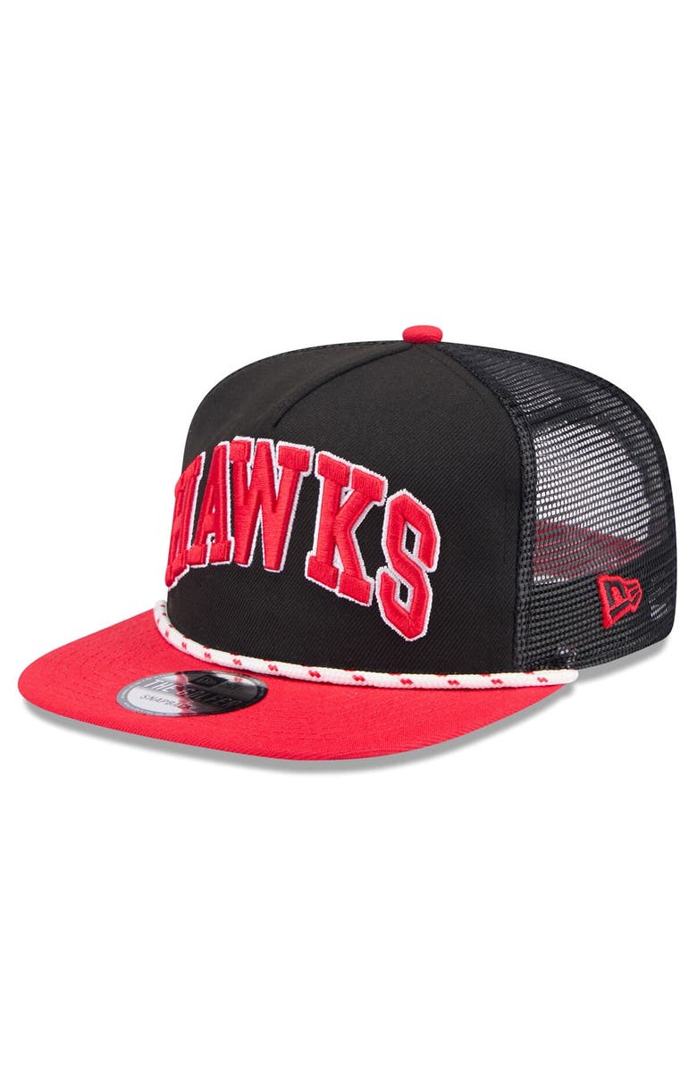 New Era Men's New Era Black/Red Atlanta Hawks Throwback Team Arch Golfer Snapback Hat, Alternate, color, 