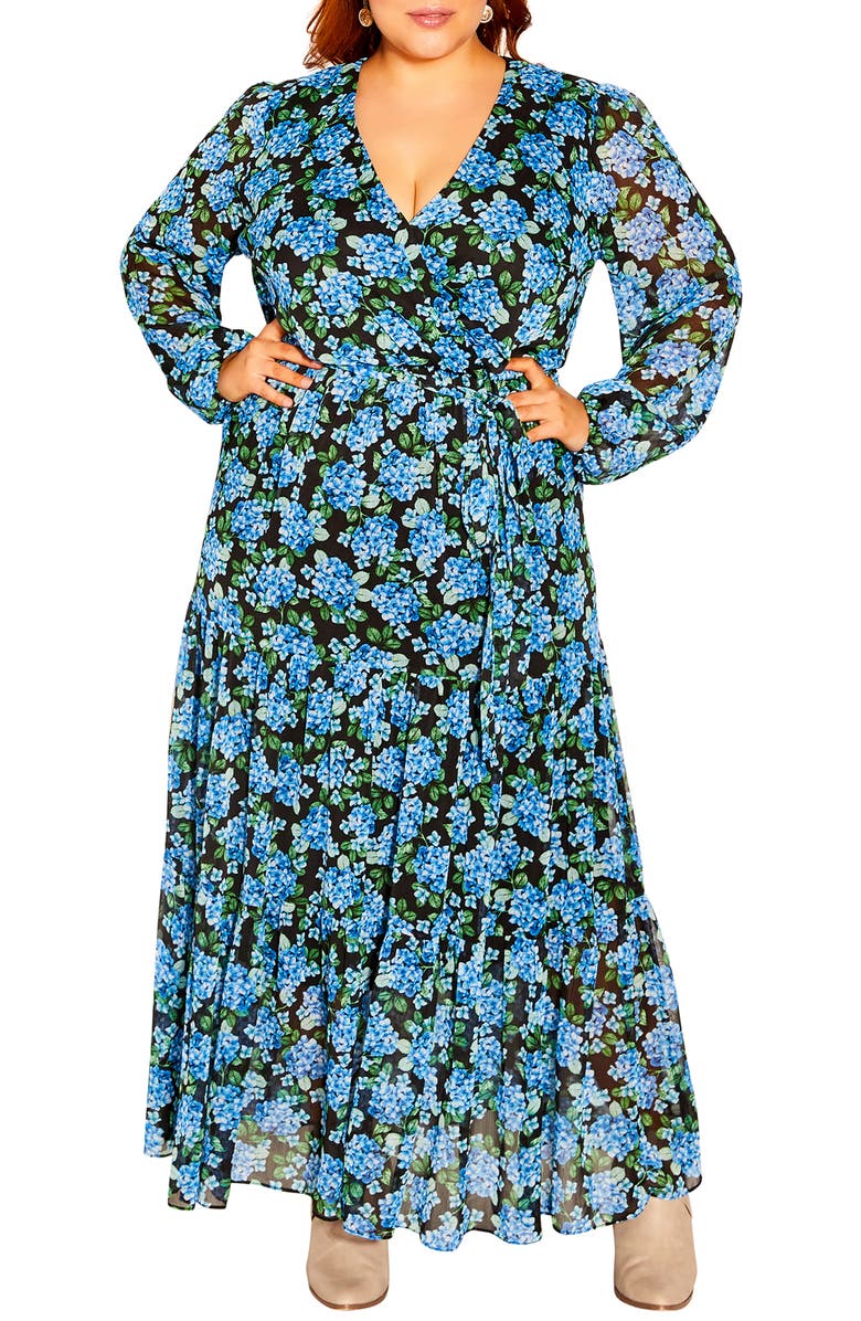 City Chic Blue Branch Long Sleeve Maxi Dress, Main, color,