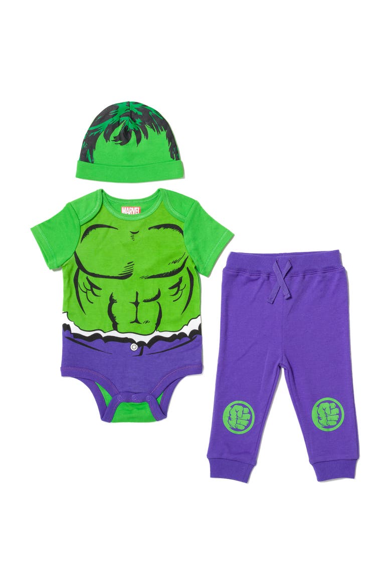 Avengers The Hulk Cosplay Bodysuit Pants and Hat Set, Main, color, Hulk Green Purple